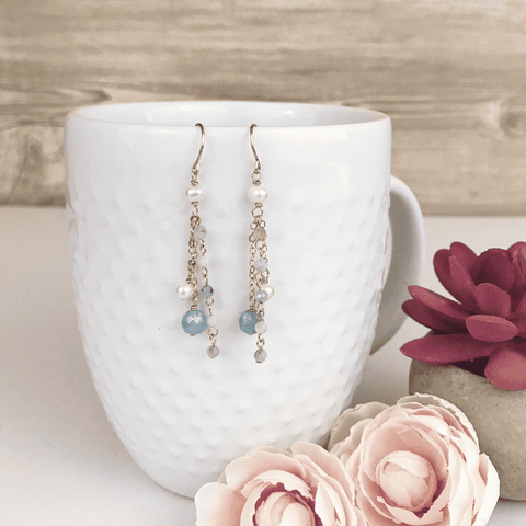 Aquamarine + Pearl Tassel Earrings