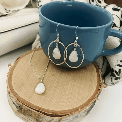 Opal hoop earrings and white opal pendant necklace